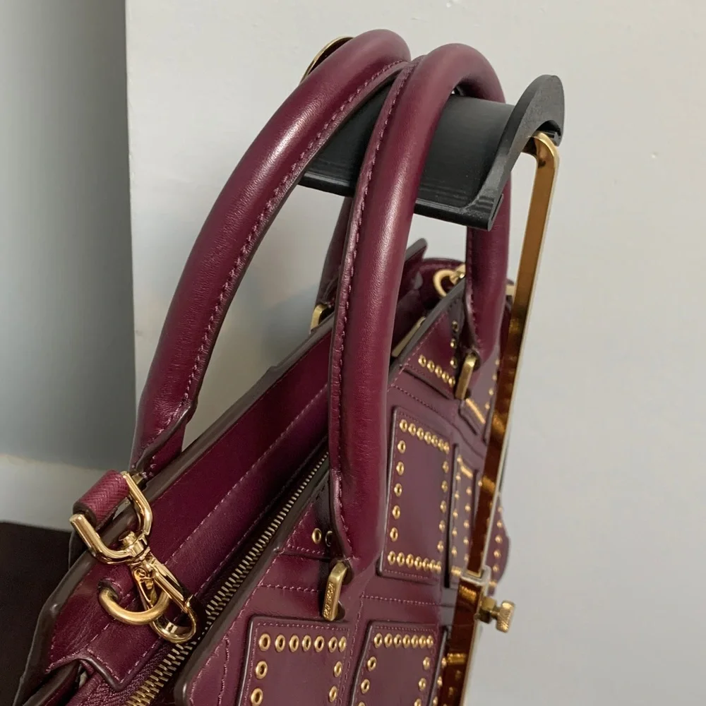 Authentic Michael Kors plum purple leather bag w long strap and gold studs - Image 5