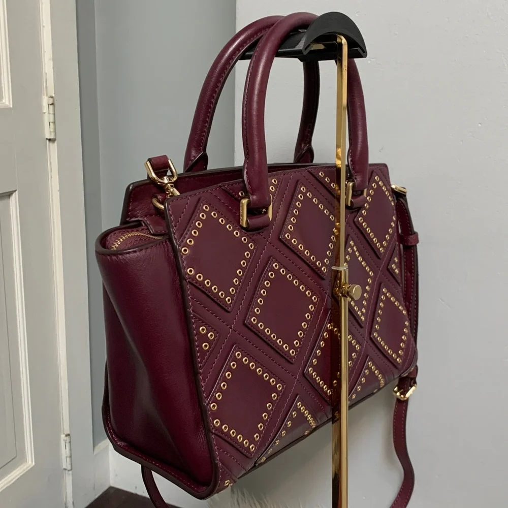 Authentic Michael Kors plum purple leather bag w long strap and gold studs - Image 6