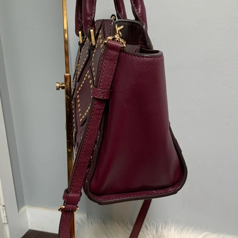 Authentic Michael Kors plum purple leather bag w long strap and gold studs - Image 8