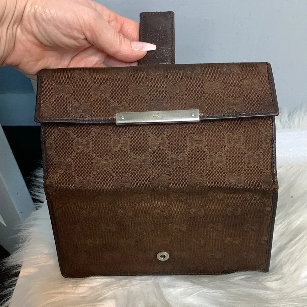 Authentic and vintage Gucci brown cloth and leather long continental wallet - Image 8