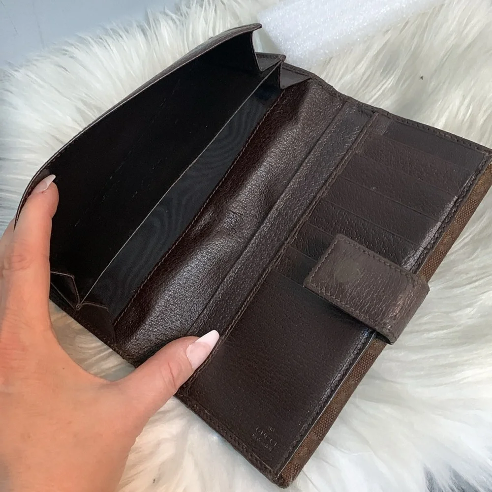 Authentic and vintage Gucci brown cloth and leather long continental wallet - Image 12
