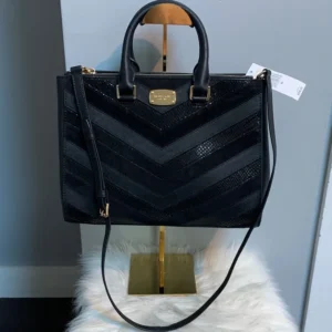 Authentic Michael Kors Kellen black leather and suede chevron satchel