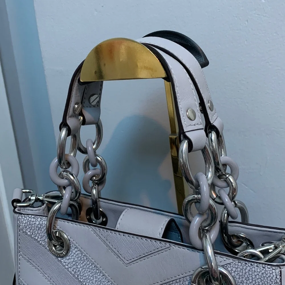 Authentic Michael Kors Cynthia gray and silver leather handbag w crossbody strap - Image 5