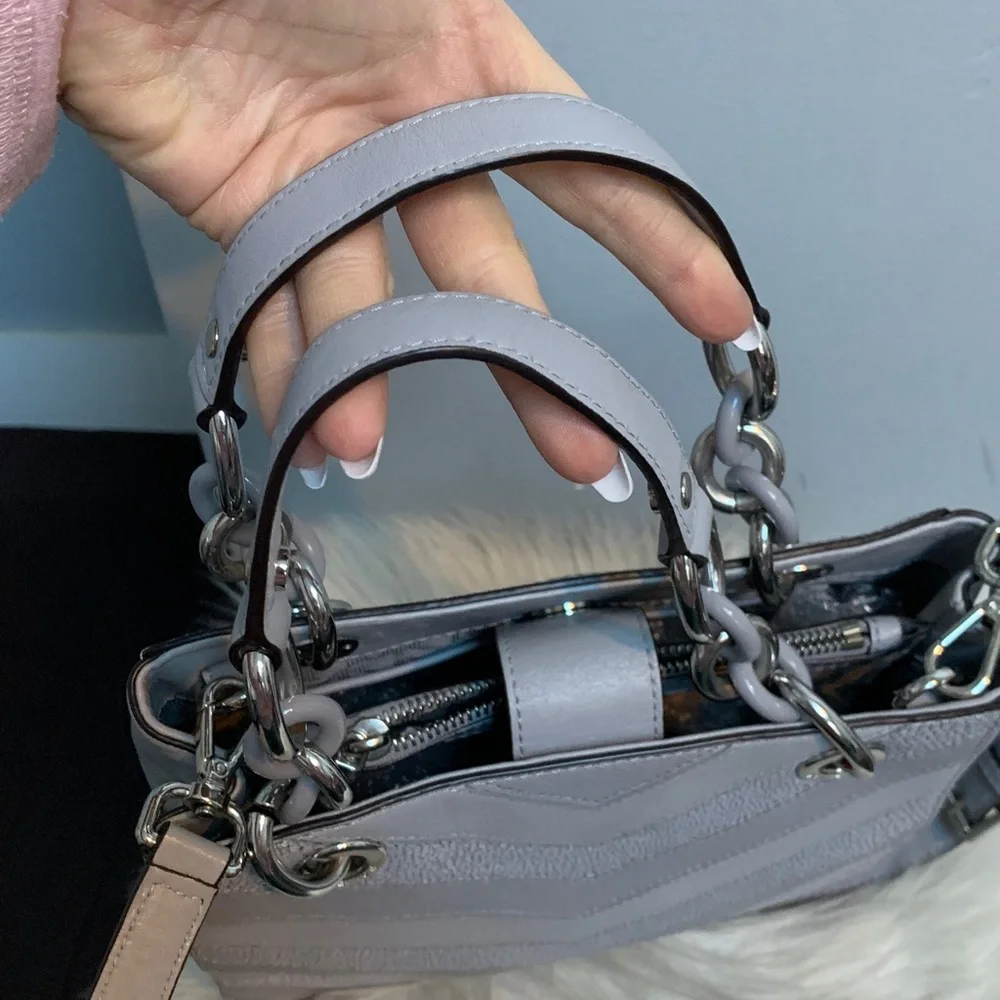 Authentic Michael Kors Cynthia gray and silver leather handbag w crossbody strap - Image 10