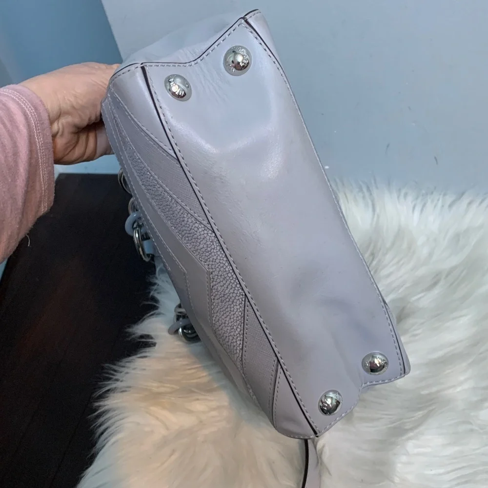 Authentic Michael Kors Cynthia gray and silver leather handbag w crossbody strap - Image 11