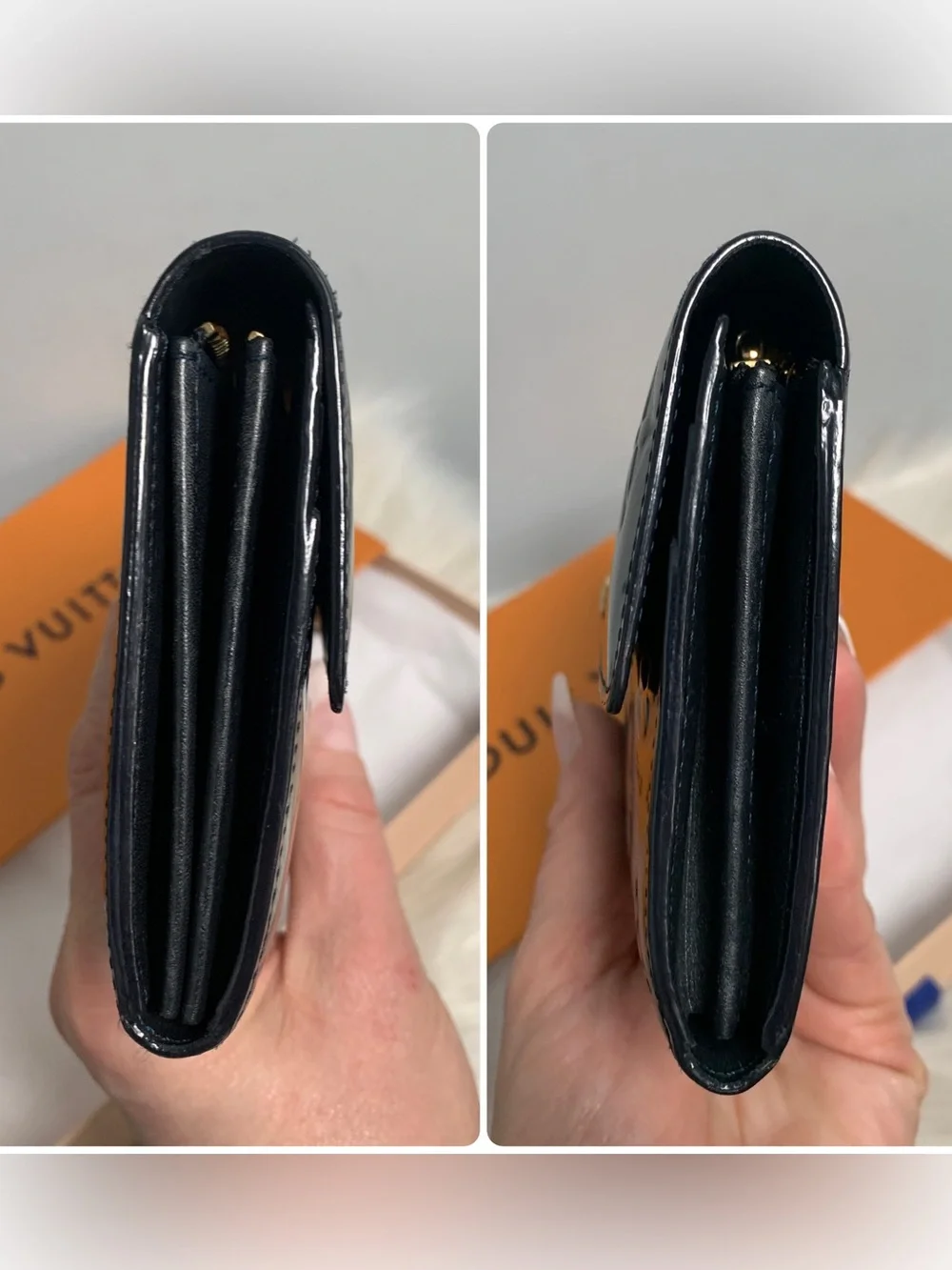 2011 authentic Louis Vuitton black vernis wallet w blue stitching w box - Image 6