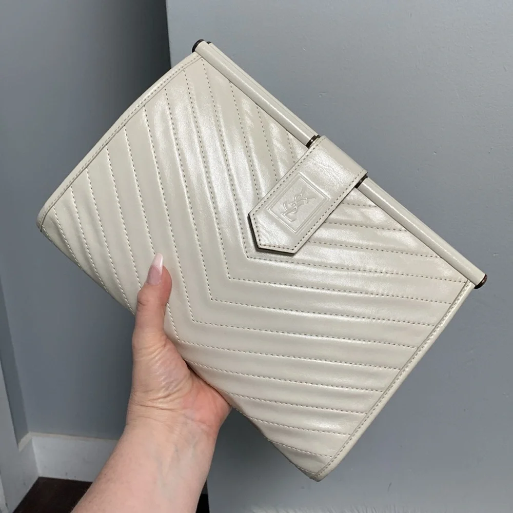 Authentic YSL white leather large clutch with dustbag