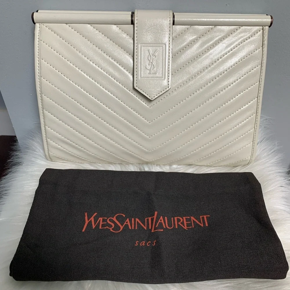 Authentic YSL white leather large clutch with dustbag - Image 3