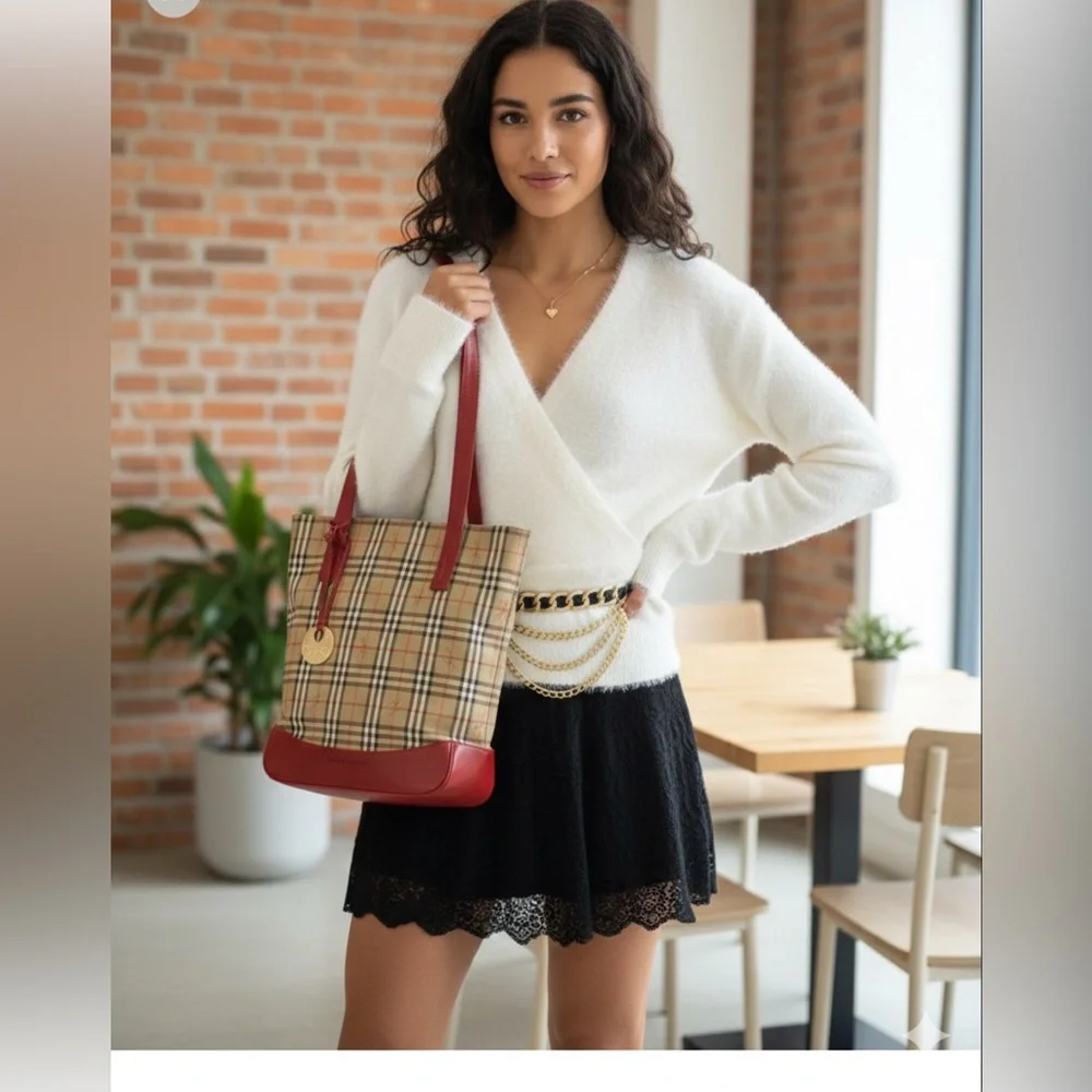 Authentic Burberry vintage Haymarket Check and red leather shoulder bag.