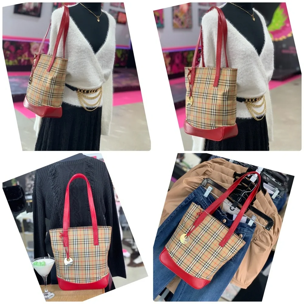 Authentic Burberry vintage Haymarket Check and red leather shoulder bag. - Image 3